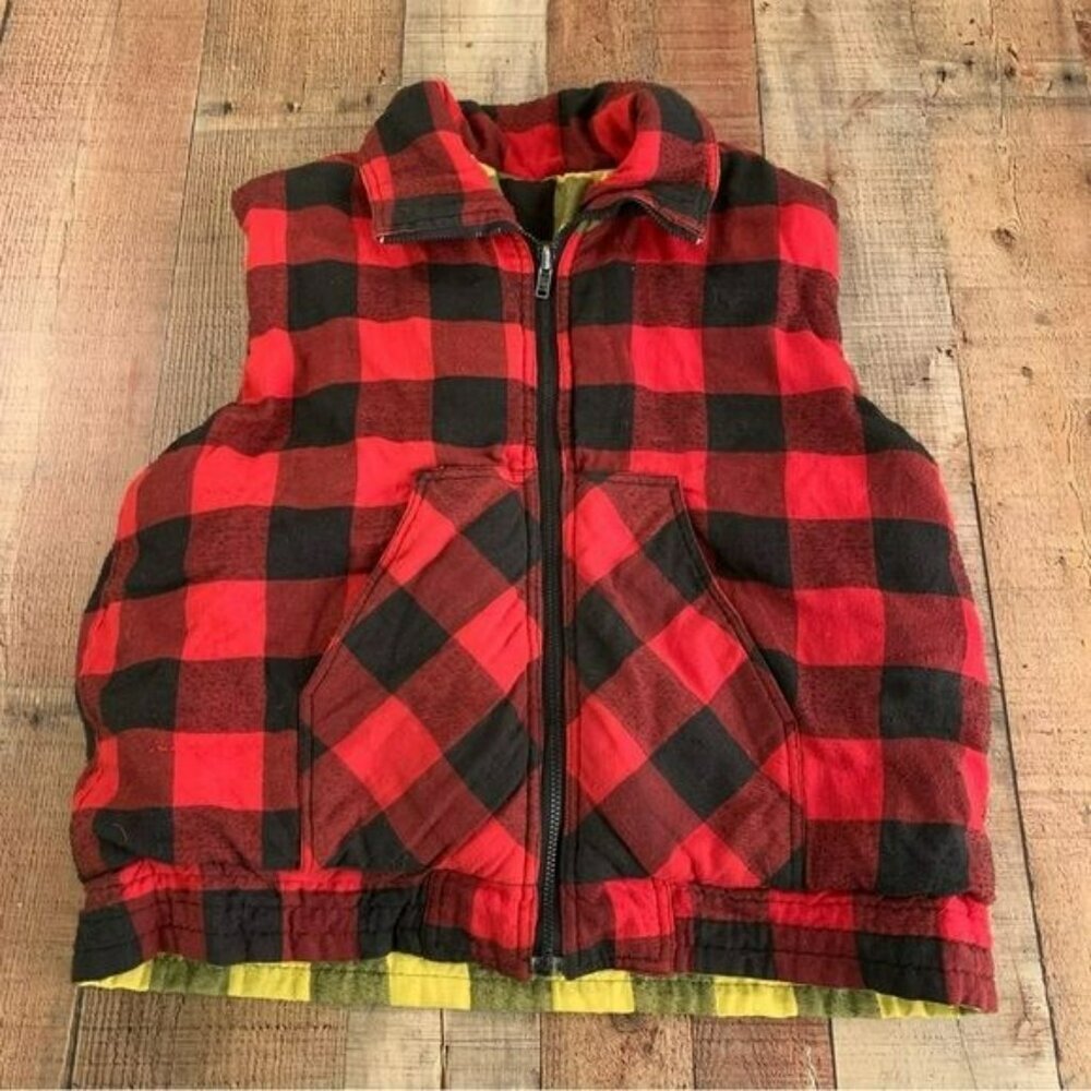 Vintage Hugo Valentino red black yellow black plaid reversible full zip vest -L